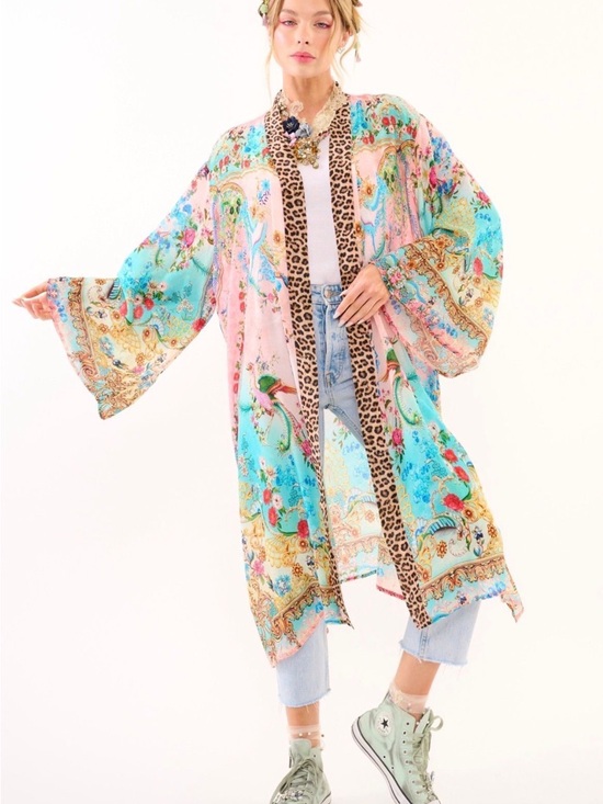Aratta Silent Journey Other - Aratta phoenix kimono Camilla Pink & Turquoise Floral Leopard-Trim Kimono